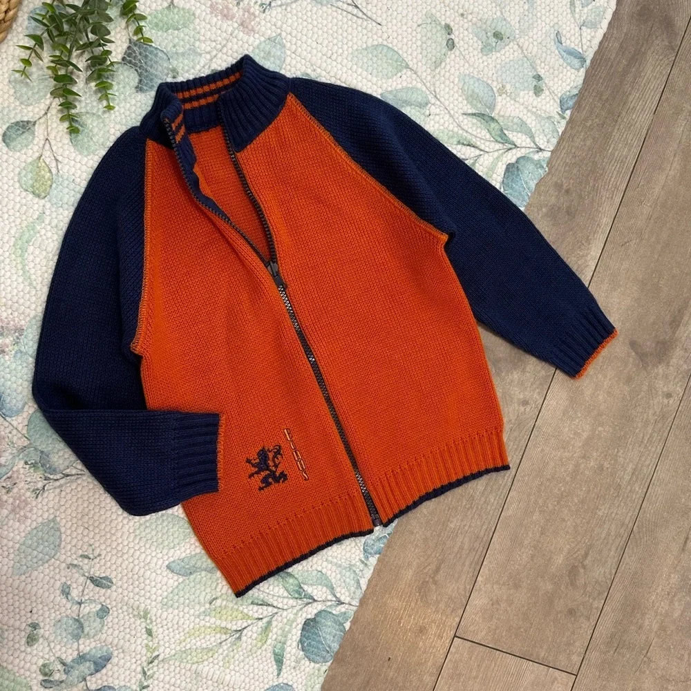 Vintage Boys Orange Navy Blue Knit Sweater Jacket Coat Size Small Netherlands